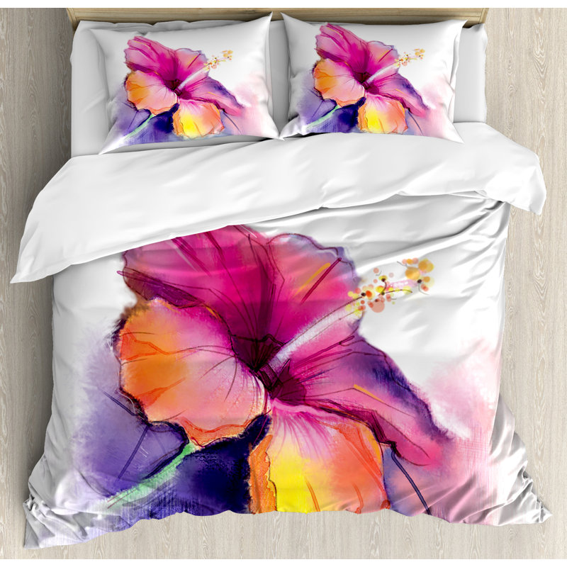 Queen Pink and Orange Watercolor Flower Duvet Cover Set