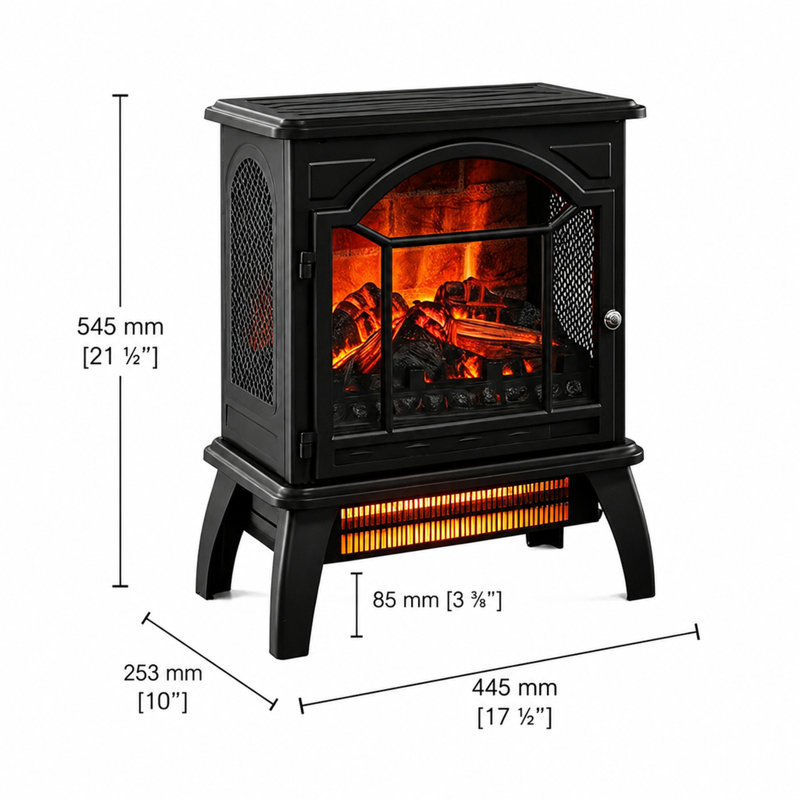 Poêle-cheminée électrique infrarouge à quartz avec télécommande, flamme 3D, pose libre, noir antique