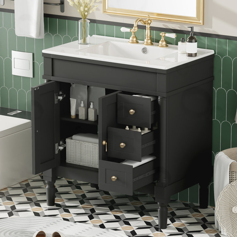 Meuble-lavabo avec 2 portes, 3 tiroirs et tablette réglable, Noir / or