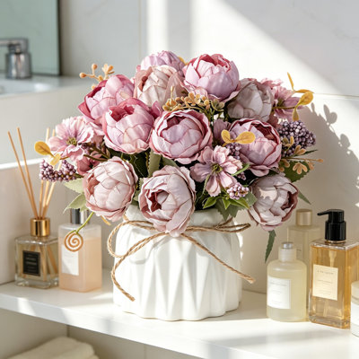 Faux fleurs avec vase, fleurs en soie artificielle dans un vase en céramique, petit arrangement de fausses fleurs pour bureau à domicile, cuisine, salle de bain, table basse, centre de table, décoration