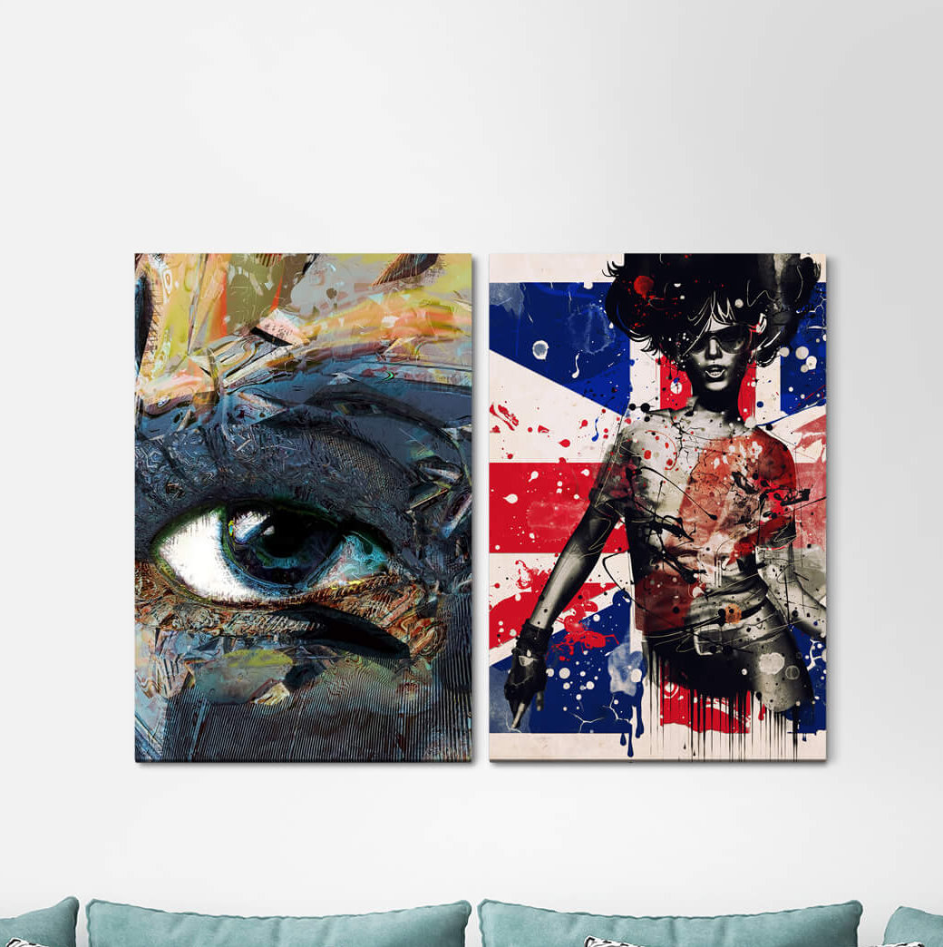 2-tlg. Leinwandbilder-Set - Grafikdruck „PopBritain Flag Colourful Stains Boy Woman Eye”