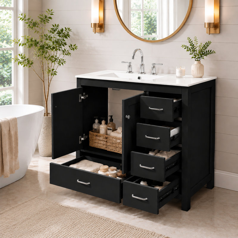 Meuble-lavabo 36 po avec lavabo en céramique et 5 tiroirs, Noir