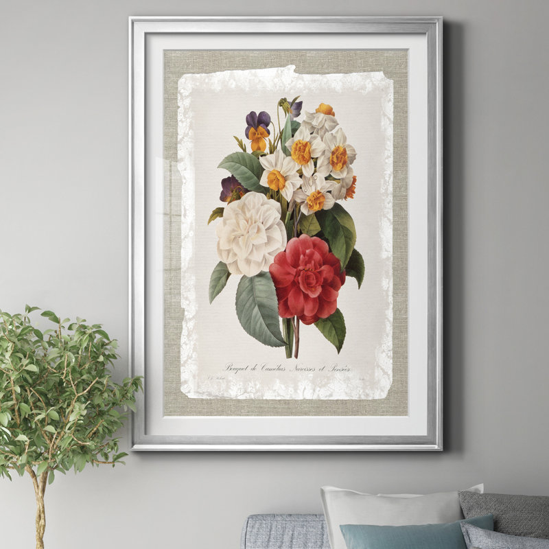 Botanical Bouquet Camelias - Reproduction d'art graphique sur papier encadré, H 26,5 po x l 36,5 po x P 1,5 po, Argent