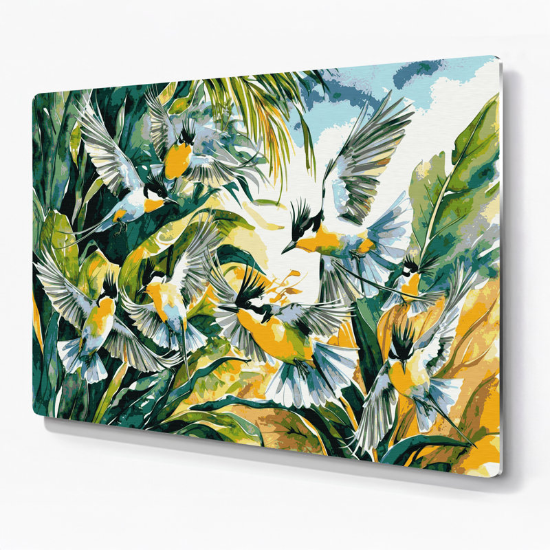 Art mural oiseaux en métal vert, H 144 po x l 216 po x P 0,05 po