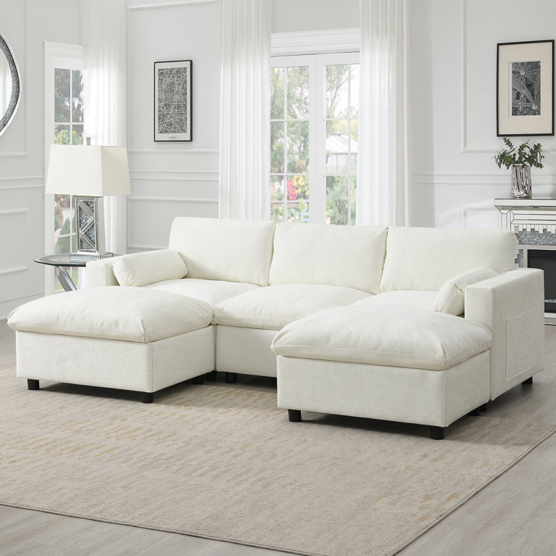 Canapé modulaire en U avec poches de rangement et 2 repose-pieds mobiles, Chenille blanche