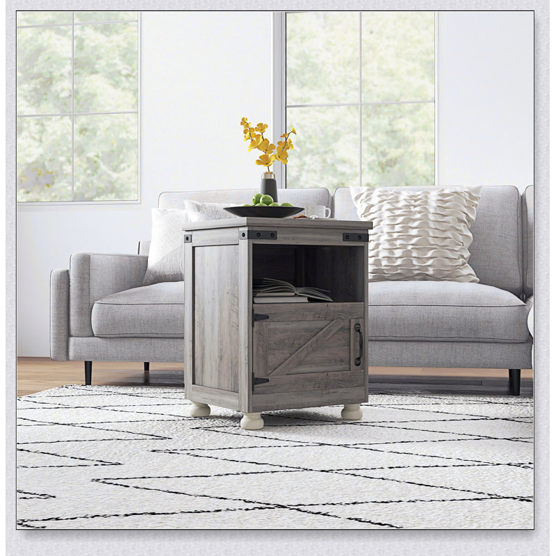 Farmhouse Side Table, End Table with Open Shelf and Cupboard, Gray, Gray