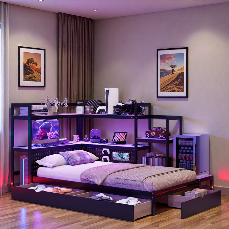 Lit de jour Modern Gaming avec bureau intégré, bibliothèque, 3 tiroirs de rangement, tête de lit en carton perforé, station de charge intégrée et éclairage à DEL