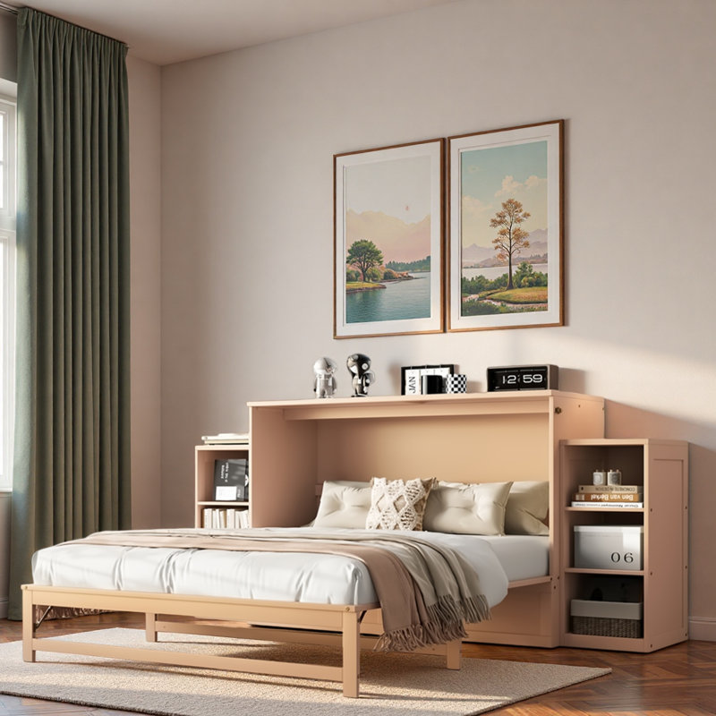 Lit escamotable avec tiroirs de rangement spacieux et tablettes ouvertes, Doré