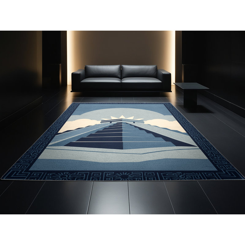 Machine Washable Pelico Teotihuacan Pyramids Global Inspired Block Print Rug in Blue – BabyBlue Binding, 2x4