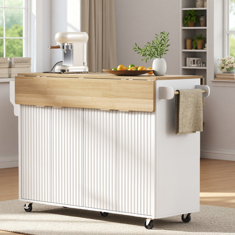 55.5" Fluted Kitchen Island With 2 Drop Leaf, Kitchen Storage Cart With Power Outlet, 4 Doors, Spice Rack, Rolling Island Table ，Curved Edge For Kitchen, Dining Room