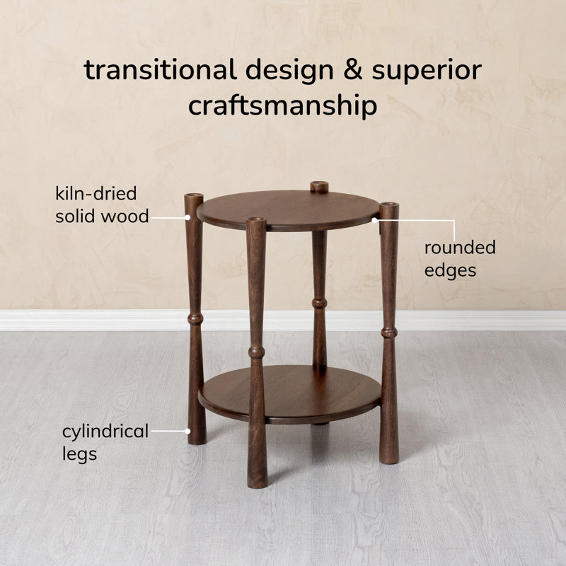 Olive Solid Wood End Table with 2-Tier Storage