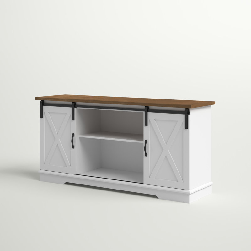 Carterton Sliding Door TV Stand for TVs, White/Reclaimed Barnwood Top, 28" H x 58" L x 16" W