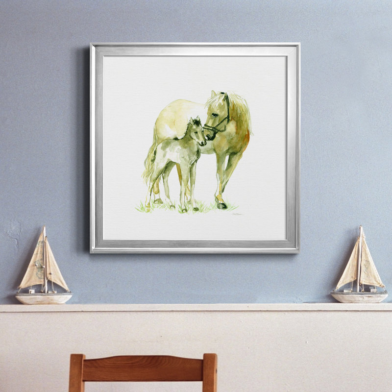 Cheval et poulain - peinture sur toile encadrée, Cadre argenté, H 26,5 po x l 26,5 po x P 1,5 po