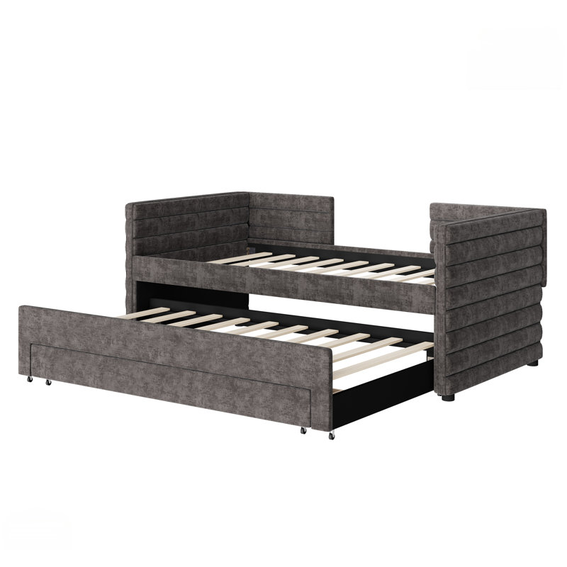 Twin Size Upholstered Daybed with Trundle, Gray