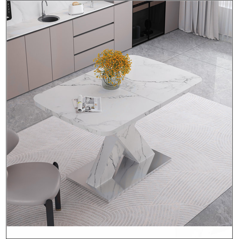 Table de salle à manger moderne carrée, extensible, avec plateau de table en marbre blanc imprimé et panneau de fibres à densité moyenne