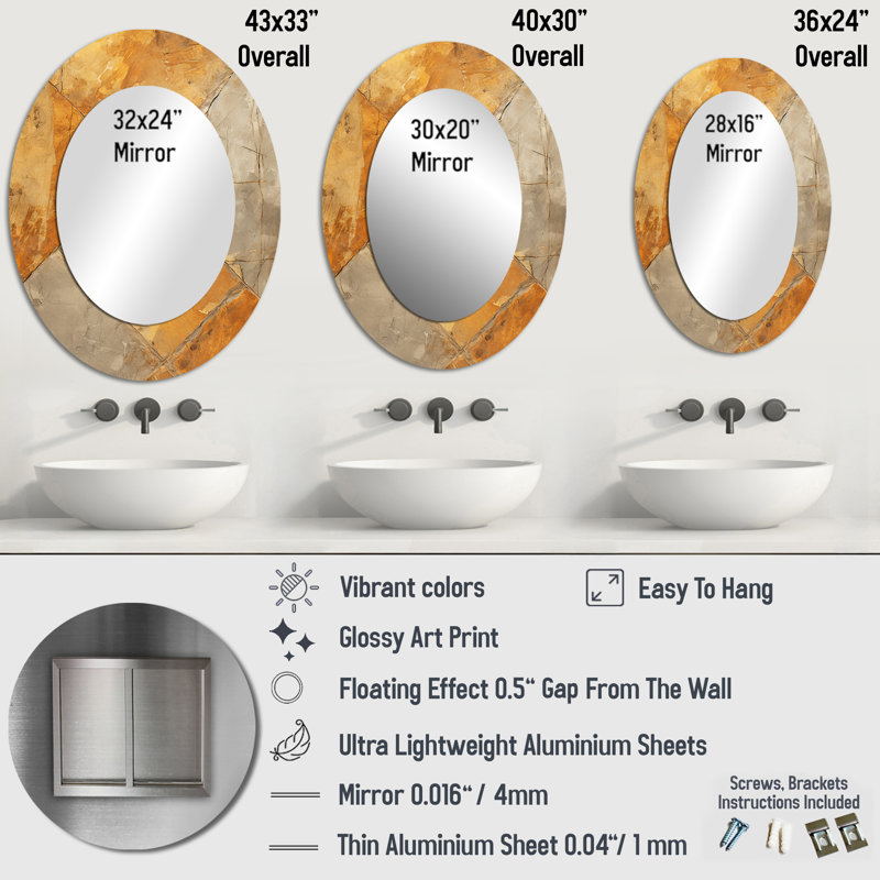 Gold Abstract Tile Mosiac Charm - Gold Modern Oval Wall Mirror, 36" H x 24" W