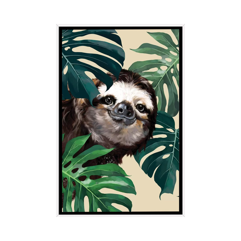 Sloth furtif avec monstera, H 26 po x l 18 po x P 1,5 po, Toile blanche encadrée