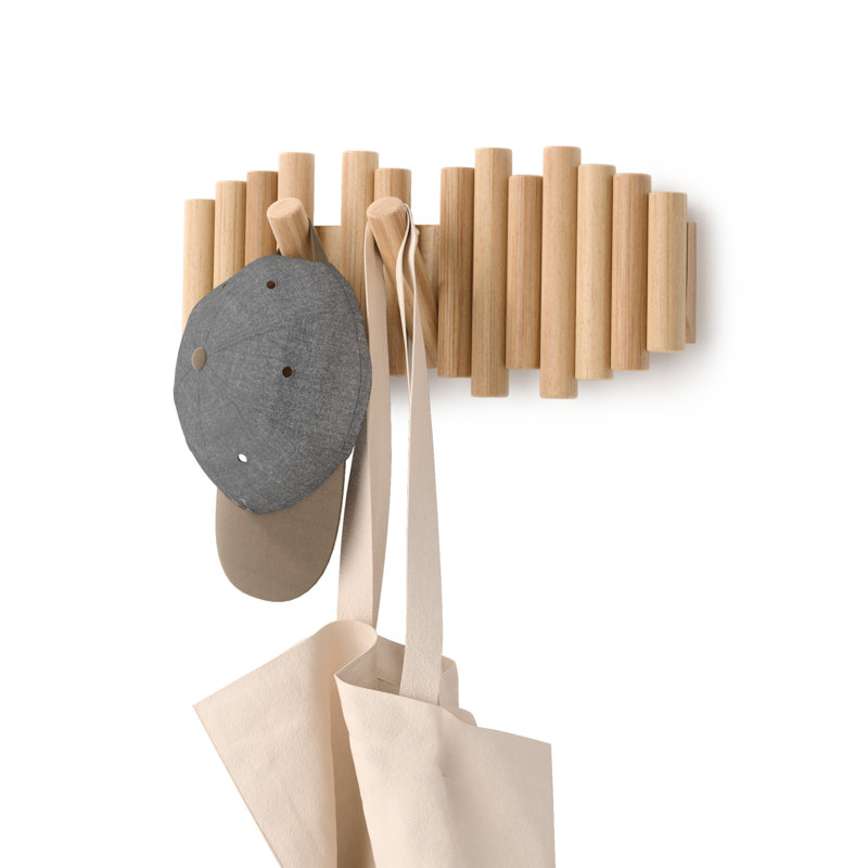 Beveled Pine Wood Wall Art with 5 Flip-Down Hooks