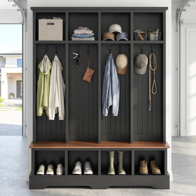 77" Hall Tree with Bench and Storage Cabinets, 8-Hook Farmhouse Entryway Coat Rack