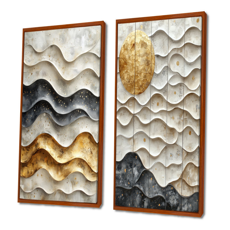 «Grey Inca Legacy Sunrise Tiles I - Boho Tiles Wall Art», ensemble de 2 pièces, H 32 po x l 32 po, Cadre flottant brun