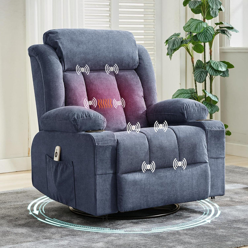 360° Swivel Rocker Recliner with Heat & Massage, USB Ports & Cup Holders, Oversized Single Sofa, Blue