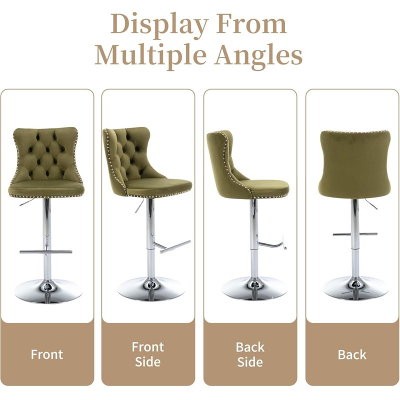 Tabouret de bar pivotant à hauteur réglable Zager, Argent, Vert olive, 4