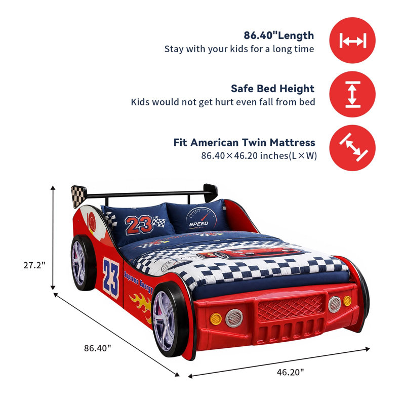 Twin Size Race Car Bed with LED Light Wheels, Red Car-Shaped Headboard & Wooden Platform Frame for Kids, Red/Black