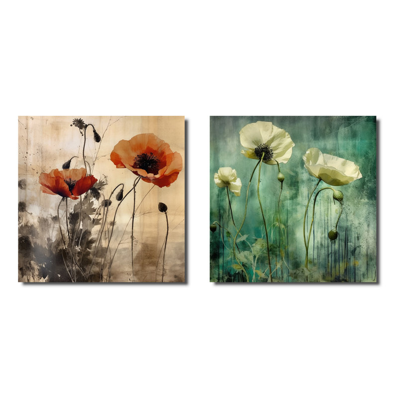 «Emerald Vibrant Poppies», 2 pièces, Toile tendue, H 30 po x l 61 po