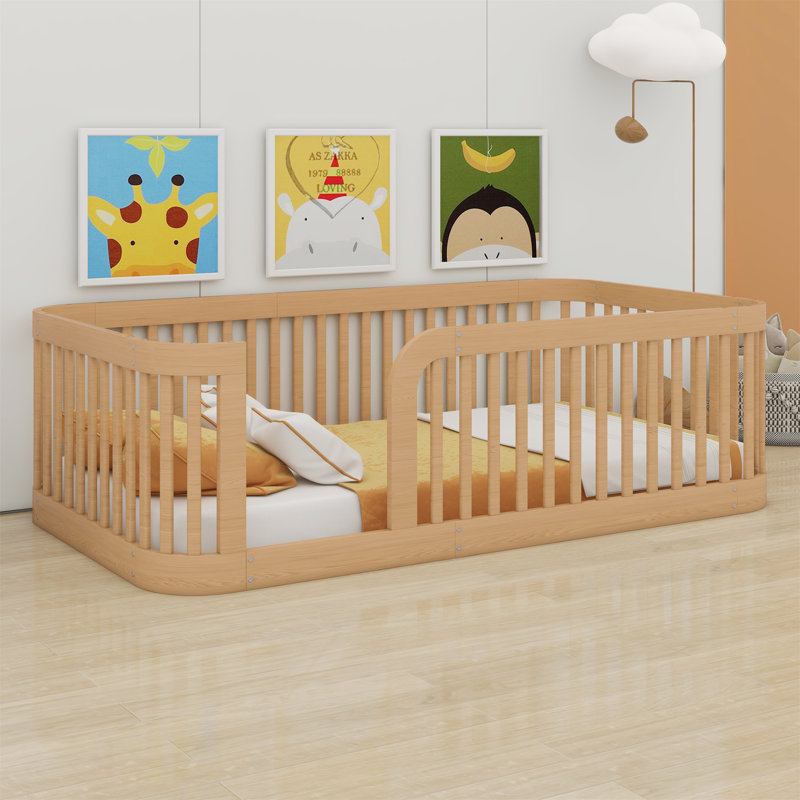 Base de lit en bois avec clôture en bois, Naturel