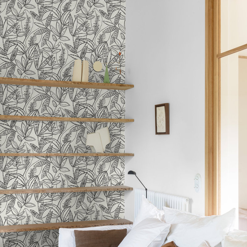 Karuna Collection Stenciled Leaves Wallpaper Roll, Black