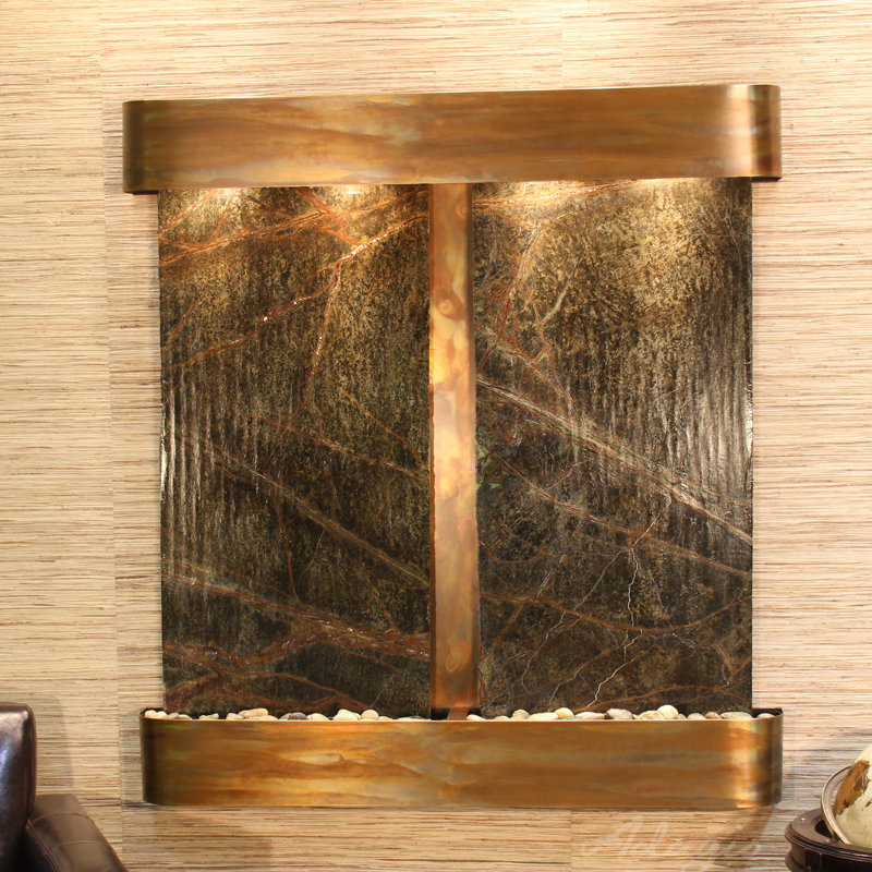 Aspen Falls Natural Stone Fountain with Light, Rainforest Green Marble, Rustic Copper