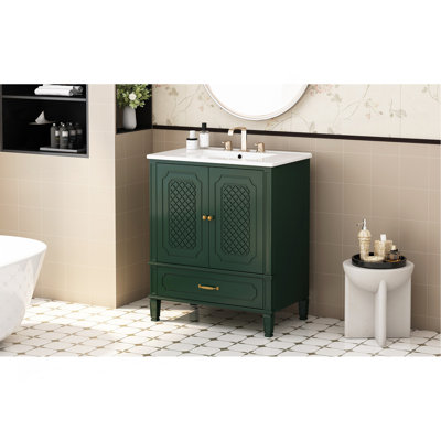 [Vidéo] Meuble-lavabo de 30 po avec lavabo style rétro, espace de rangement multifonctionnel, tablette de porte, porte à fermeture douce, vert