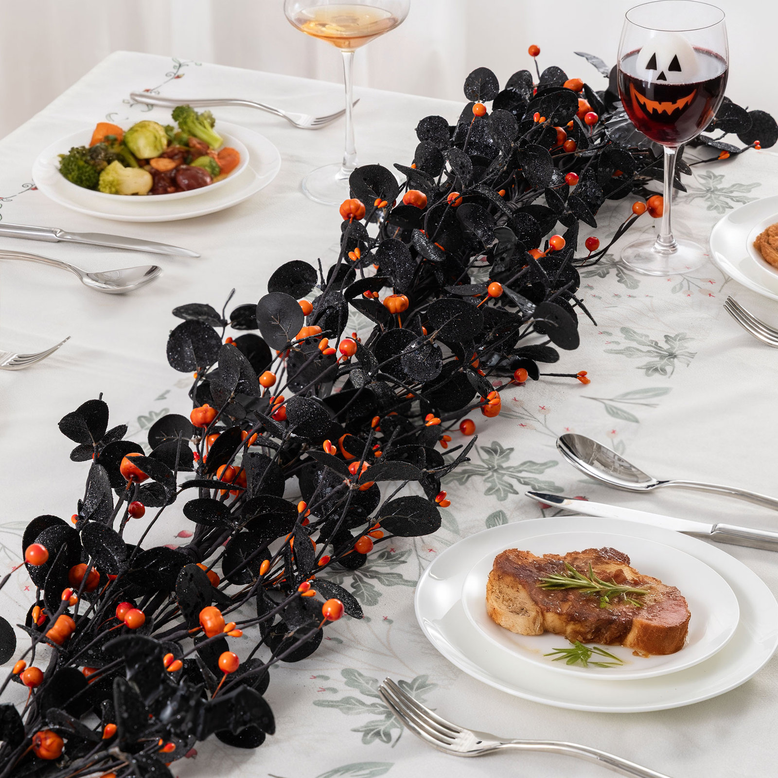 72.00"L Halloween Eucalyptus Pumpkin Bat Garland