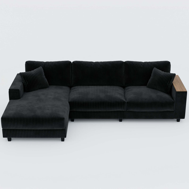 114.5'' Corduroy Couch With 2 Pillows Oversized Sofa L Shaped Sectional Couch With Reversible Chaise, Black Corduroy