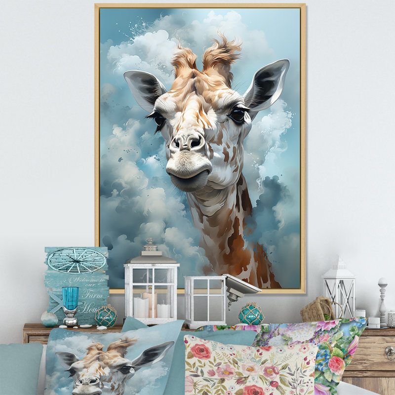 Girafes bleues en harmonie sur toile, Cadre naturel flottant, 32" H x 24" W