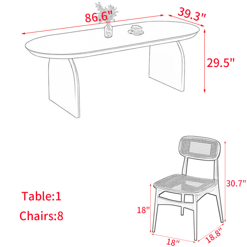 Modern solid wood oval dining table set, 29.5"H x 86.6"L x 39.3"W