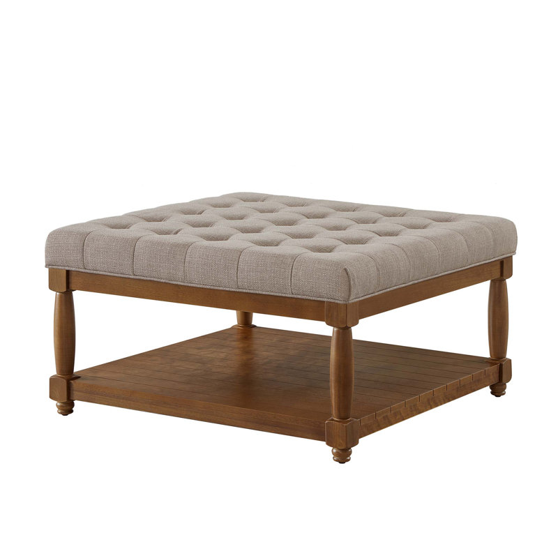 Grande table basse avec repose-pieds carré rembourré en lin touffeté et élégant avec tablette en bois massif pour une utilisation polyvalente