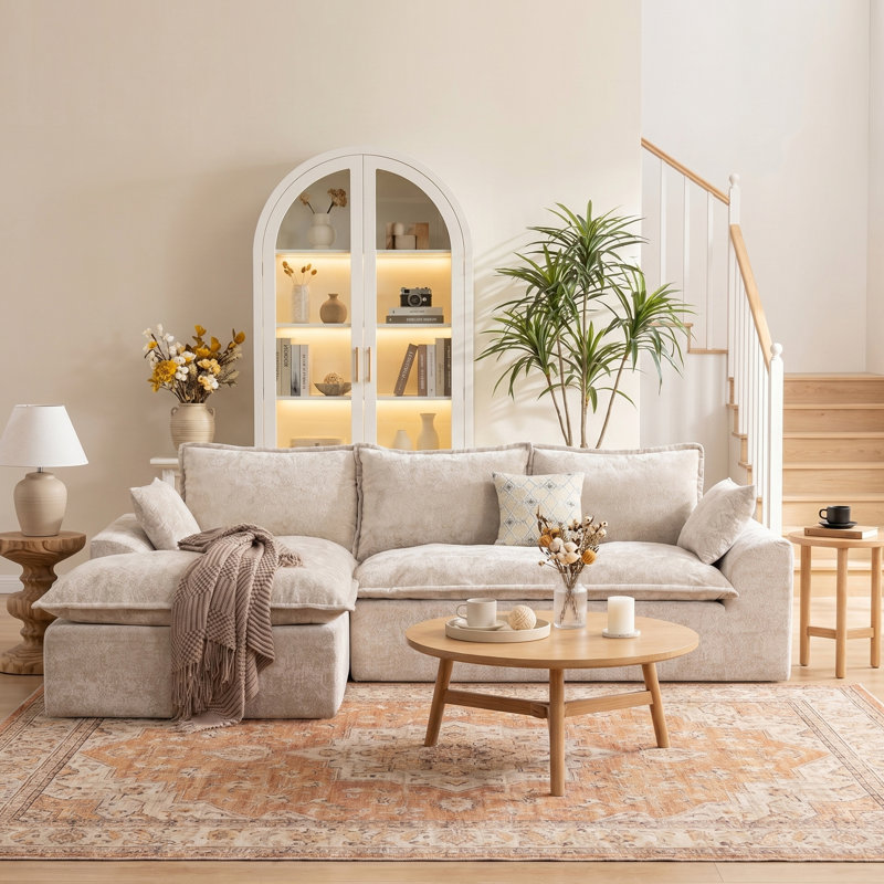 Boneless 103" Boneless Compressed Sectional Couch No Assembly Required With Pillows, Beige, Left Hand Facing