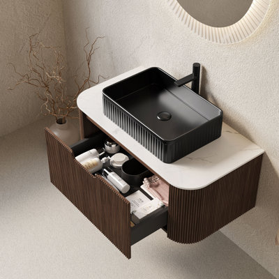 Meuble-lavabo de salle de bain 36 po avec lavabo, armoire de rangement murale à bords arrondis flottants avec lavabo à tiroir rectangulaire en céramique, sans robinet, pré-assemblé