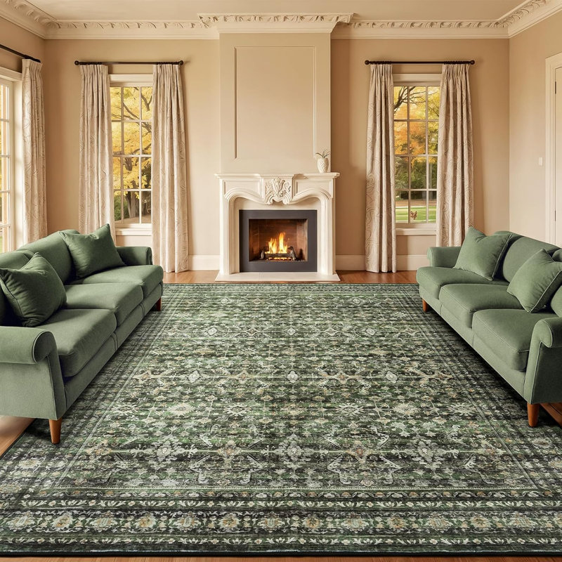 9'X12' Washable Floral Area Rug with Non-Slip Backing Green, Rectangle 9' x 12', Green