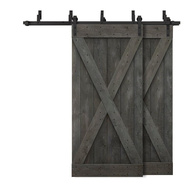 Panelled Wood and Metal Barn Door with Installation Hardware Kit, 68" x 84", Carbon Grey