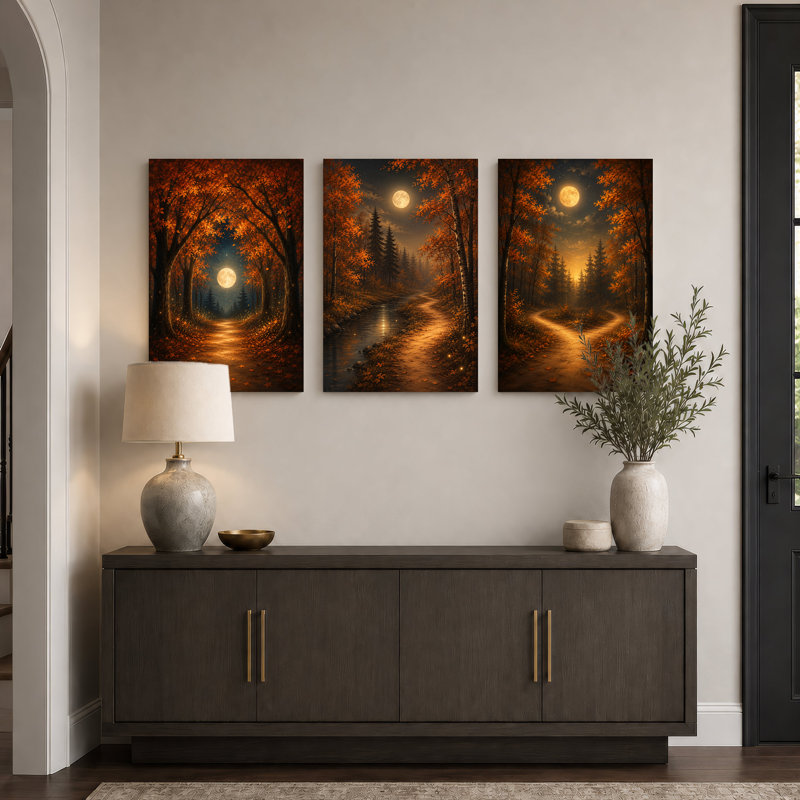 Chemin forestier doré d'automne sous un ensemble complet de 3 toiles murales d'Halloween, 36"H x 24"W x 3pcs