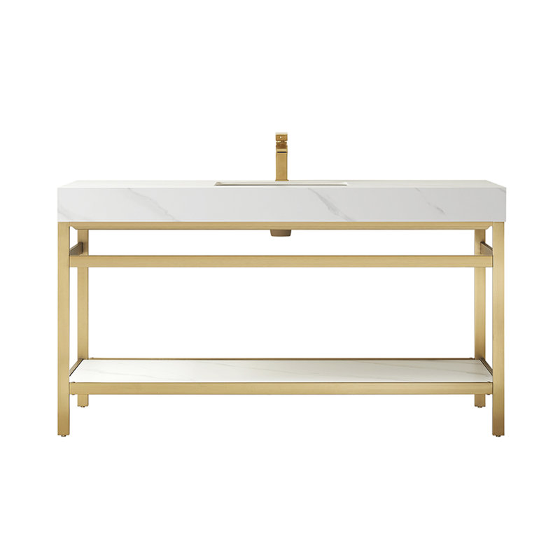 60'' Single Bathroom Vanity with Stone Top, Snow Mountain White, Brushed Gold, Brushed Gold