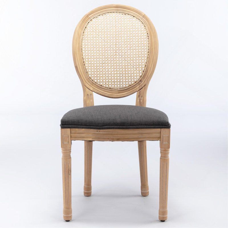 Chaise de salle à manger avec cadre en bois massif de style français, peinture en lin et dossier en rotin, gris, ensemble de 2