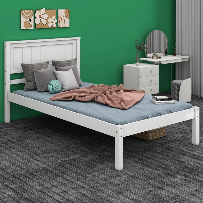 Nithara Twin Size Wooden Platform Bed with Headboard, White