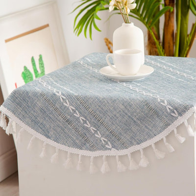 Table de chevet ronde en lin rustique rayée, brodée, lavable, bleu, table, housse de table de campagne, pampilles, nappe, table de chevet, support de plante, armoire, décoration de table, 24 po