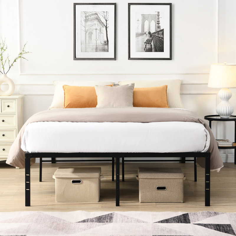 Queen Size Black Metal Bed Frame, Rapid Installation, No Noise Or Vibration, 1000 - Pound Support, Uniform Mattress Support From Reinforced Slats, Under Space For Storage, Holes Components Heavy Duty