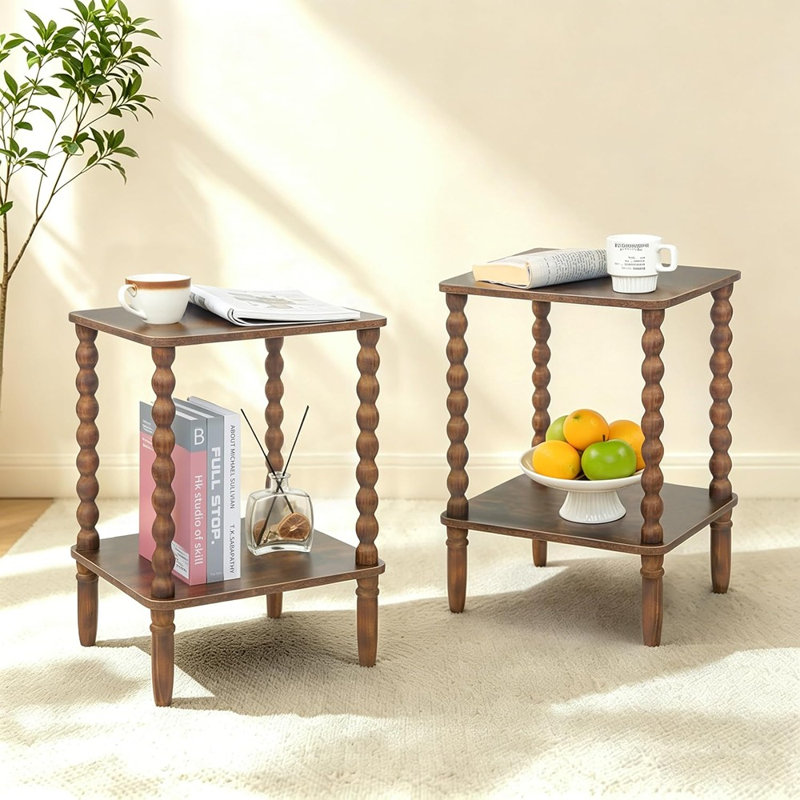 Ensemble de 2 tables d'appoint avec tablette de rangement, petites tables de bout et tables de chevet avec pieds fuselés pour le salon, la chambre à coucher, le bureau et les petits espaces, brun rustique