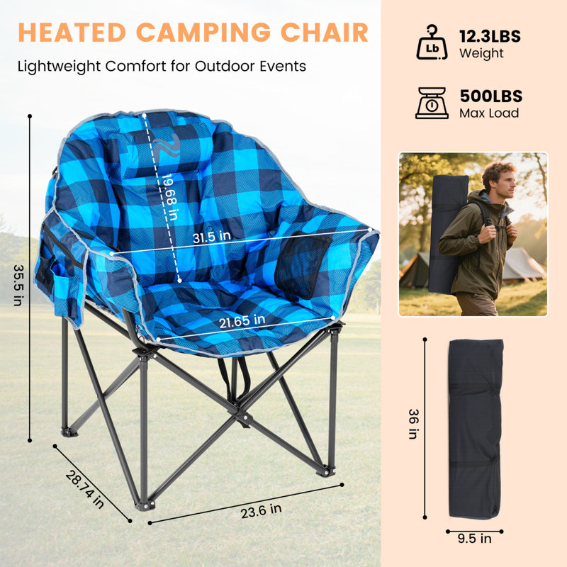 Fauteuil de camping chauffé surdimensionné portatif avec coussin, siège pliable chauffant pouvant supporter 500 lb