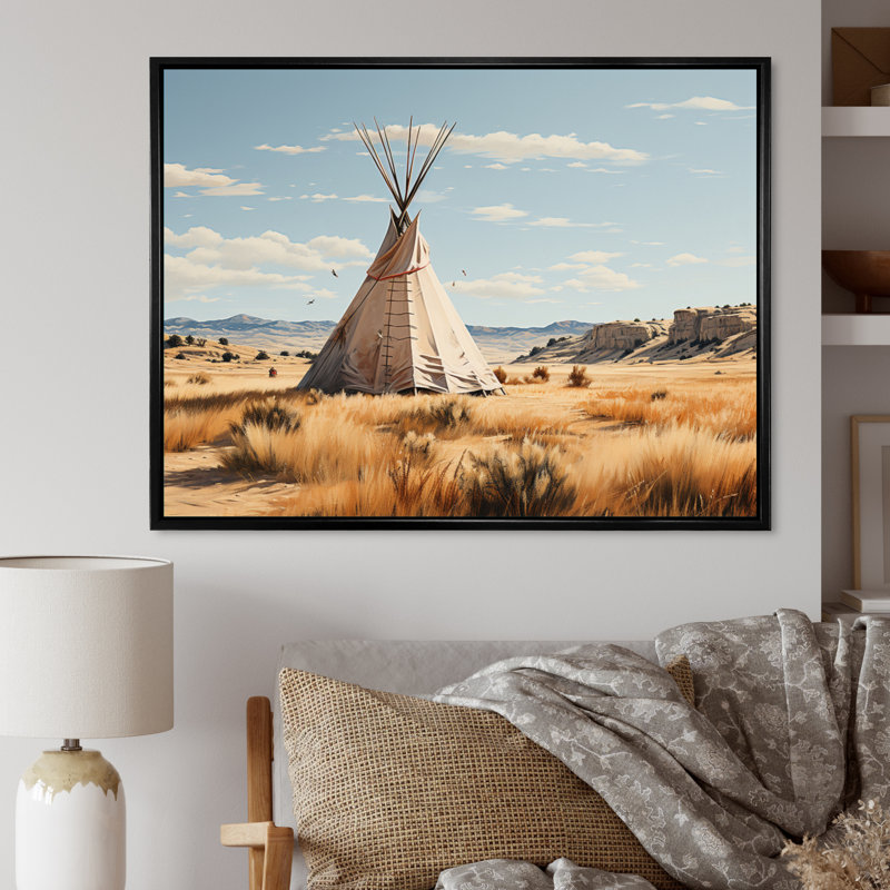 Tipi murmure beige de l'esprit - salon d'art amérindien, Cadre flottant noir, H 24 po x l 32 po x P 1 po